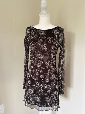 Brown and White Floral Mesh Mini Dress